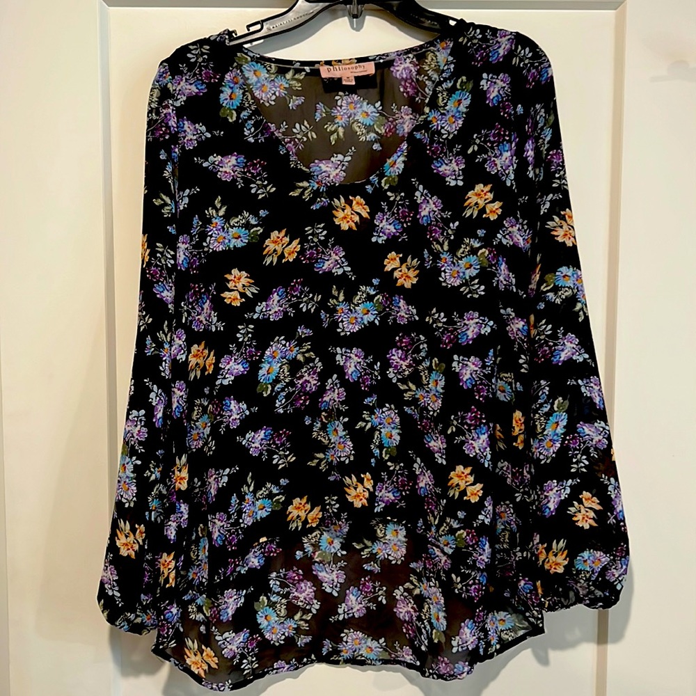 Philosophy long-sleeve sheer blouse size medium black floral